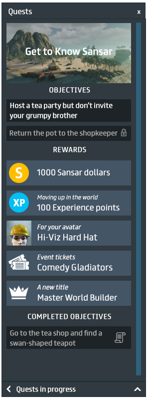 Sansar Quest objectives panel